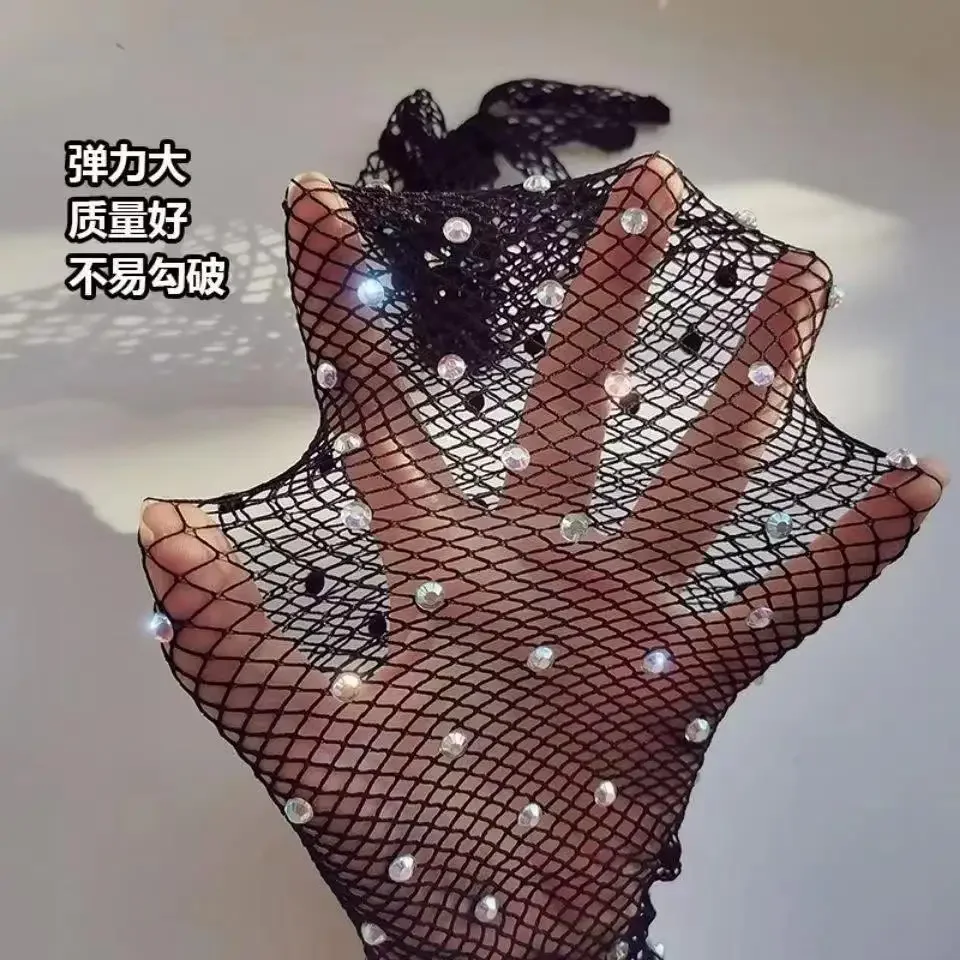 مثير شبكة صيد السمك حجر الراين قفازات اليد الطويلة النساء بسط لامعة الماس الأسود قفازات برباط نادي كامل فنجر رقيقة جدا شبكة القفازات