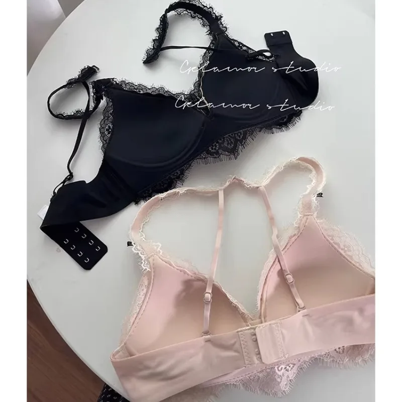 Elegantes französisches Neckholder-BH-Set, kabelloses Spitzen-Bralette für kleine Brüste, Push-Up-Bralette für sinnliche Unterwäsche und Höschen MOYISU-BH