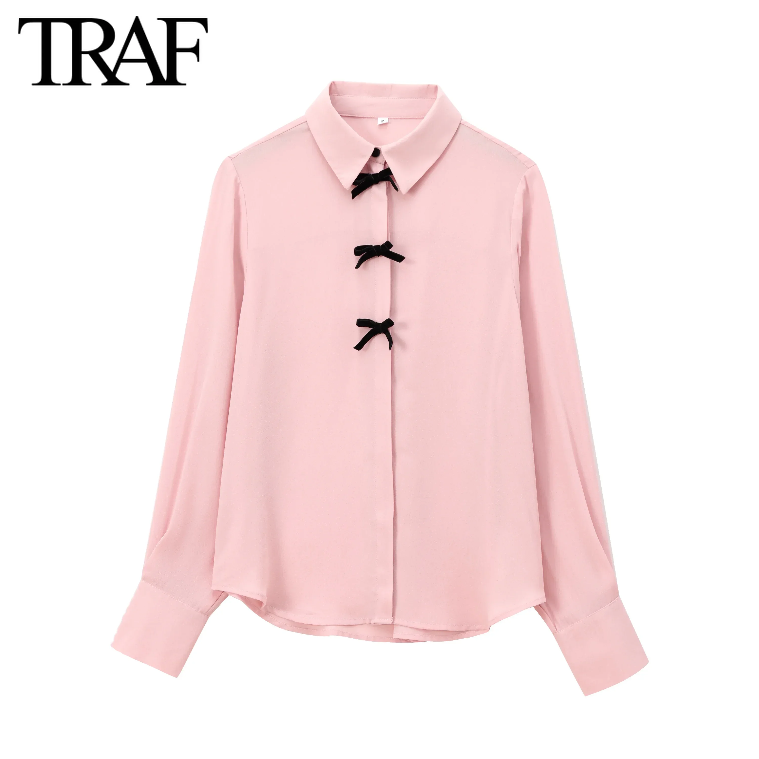 TRAF pink shirts Women Fashion Autumn New Velvet Bow Long Sleeve Single Breasted Lapel Blouse Sweet French Chic Ladies Top