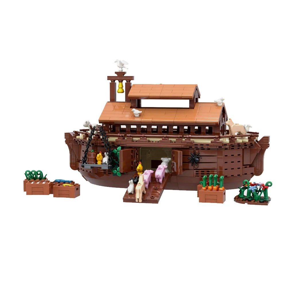 MOC Noahs Ark Modell Bausteine Mittelalterliche Schiff Religion Architektur Und Nette Mini Tiere Montage Ziegel Spielzeug Geschenk – Detail 9