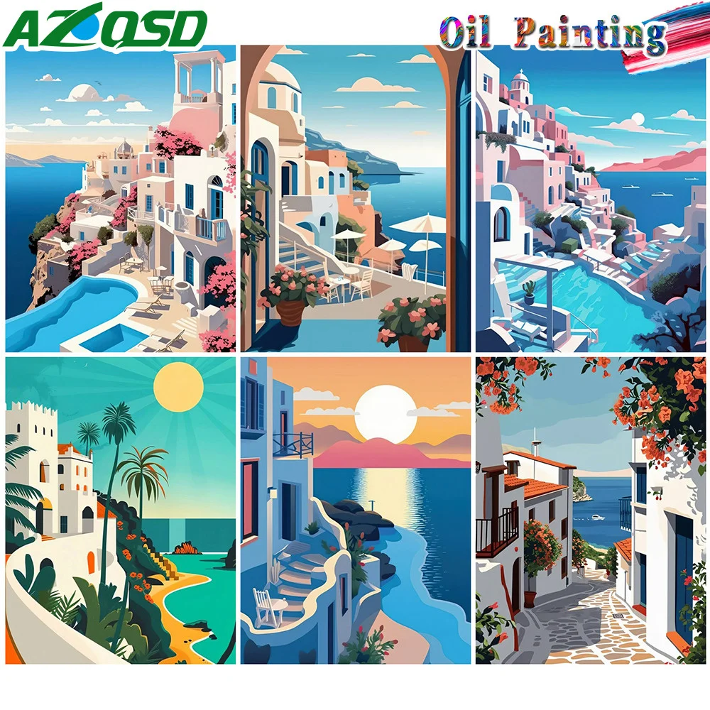 AZQSD Picture Oil Painting By Numbers Seaside City Landscape Oil Painting Drawing On Canvas Unique Gift For Children Wall Decor