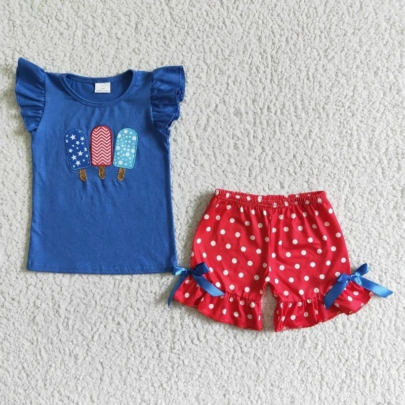 

July 4th Baby Girl Summer Embroidery Popsicle Clothes Children Red Shorts Kids Wholesale Infant Outfit Independence Toddler Set