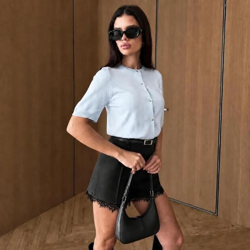 Black High Waist Blazer Short Pant Lace Splice Relax Fit Pleated Front Shorts Elegant Wrinkle Free Retro Design Shorts