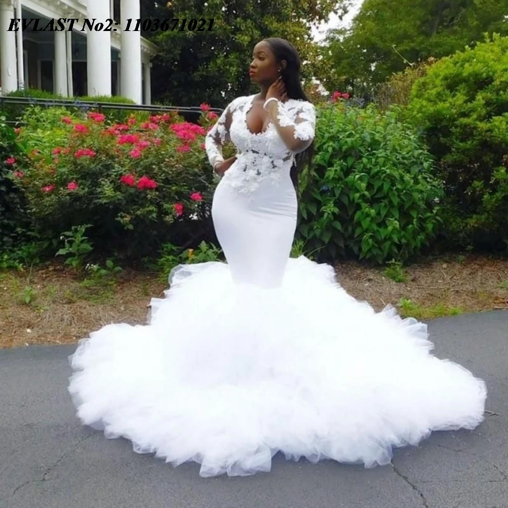 

EVLAST Customized Shiny African Mermaid Wedding Dress Lace Applique Tiered Ruffles Long Sleeve Bridal Gown Robe De Mariee MD33