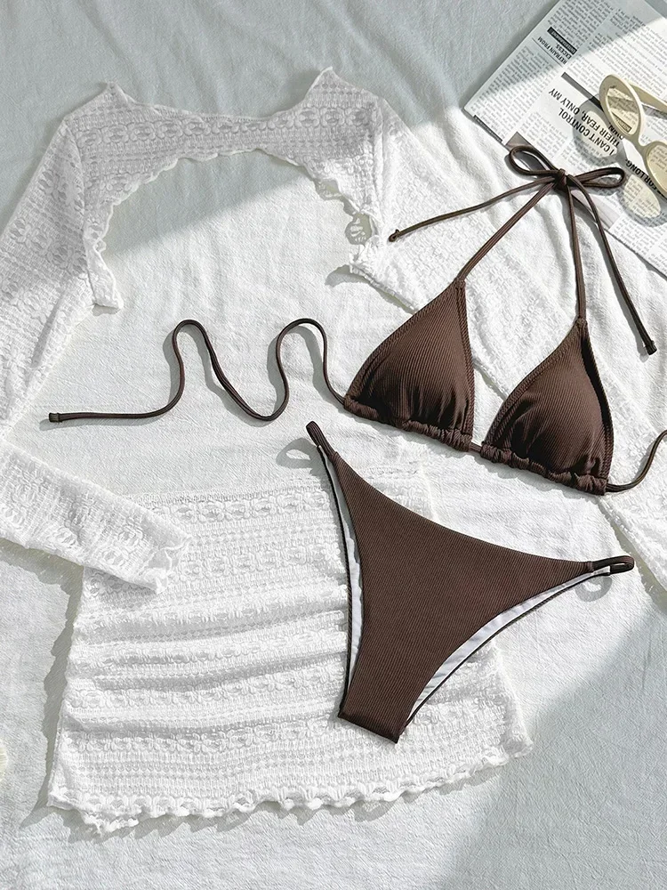 UETEEY 2025 Nuovo Costume da bagno estivo Bikini Set Donna Sexy Solid Allacciato Bikini Gonna a rete in pizzo Set da 4 pezzi Costume da bagno diviso Bikini