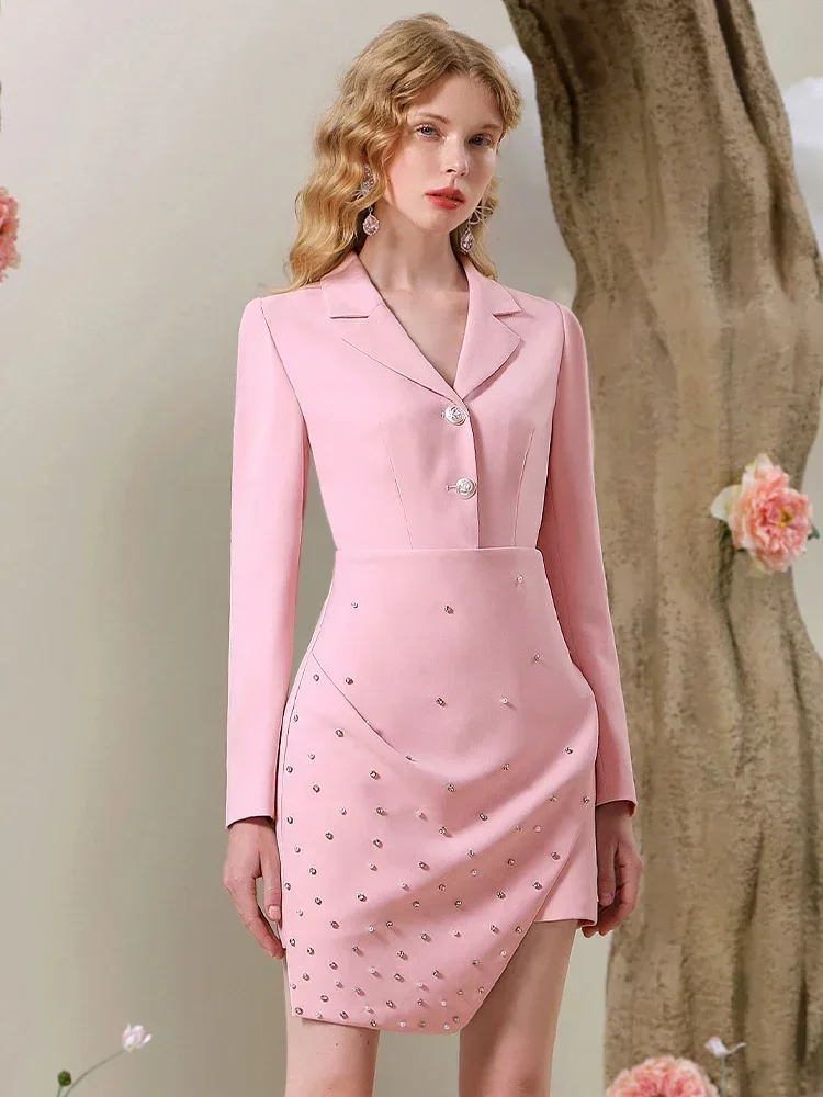 Elegant Fake Two Pieces Pink Suit Dress Female 2023 Autumn and Winter New Elegant Beaded Commuter Suit Balzer Dress for Women