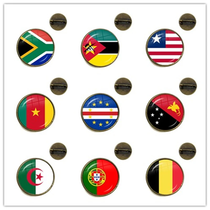 Republika południowej afryki, mozambik, Liberia, kamerun, republika zielonego przylądka, papua-nowa gwinea, algieria, belgia, narodowa flaga portugalii szkło Cabochon broszki