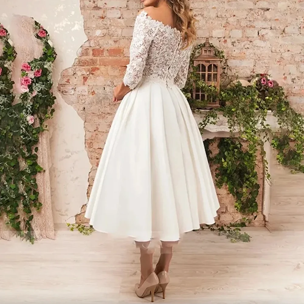 Vestido de casamento elegante para mulheres, renda, cetim, ombro de fora, apliques, mangas 3/4, comprimento do chá, curto, linha a, vestido de noiva personalizado