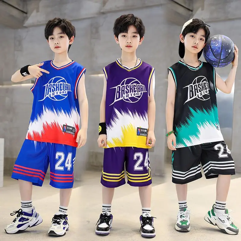 2023 Boys Basketball jerseys Summer Quick-Dry Sports Suits 4-14 Years Boys Sleeveless Vset+Short Pants 2pcs Sets Kids Sports Out