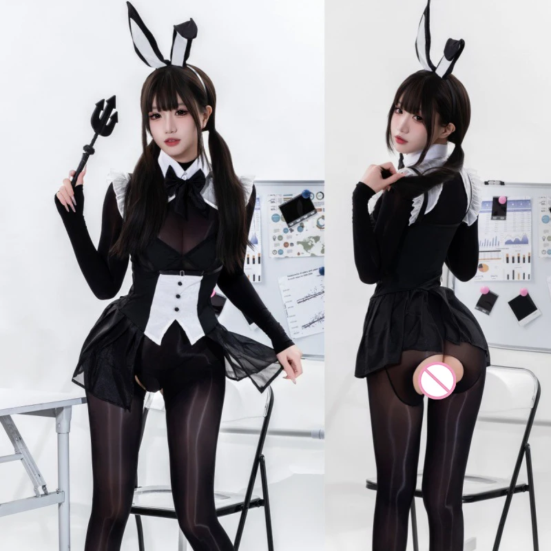 

2025 New Anime Coffee Bar Bunny Girl Maid Uniform Women Sexy Maidservant Outfits Cosplay Greasy Shine Tights Pure Desire Costume