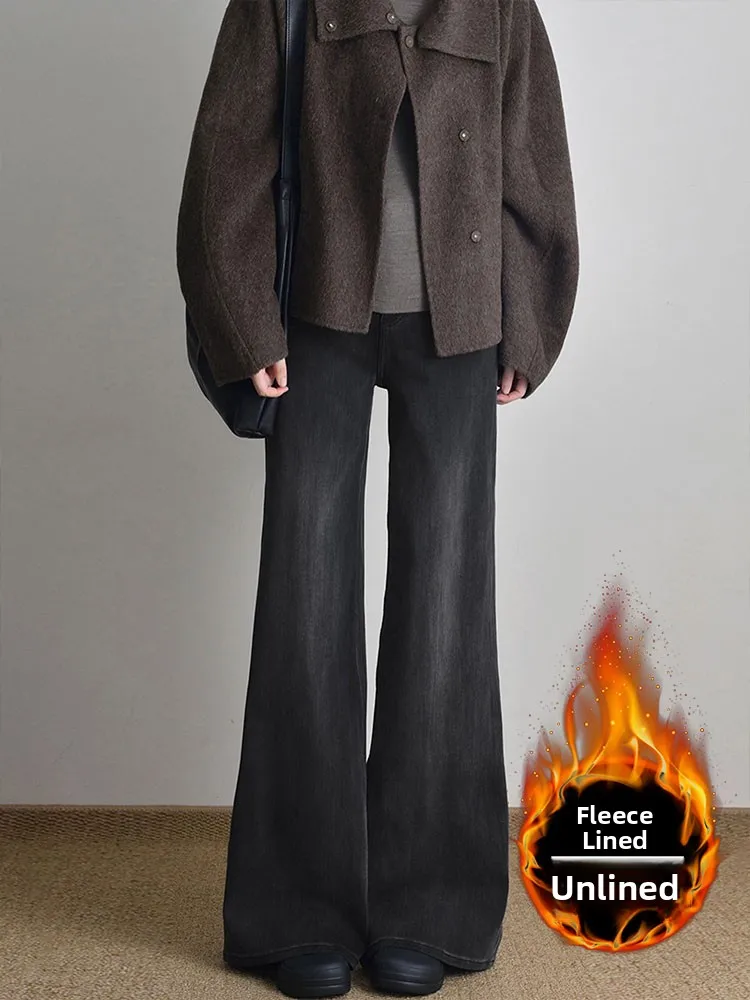 

Женские расклешенные джинсы больших размеров с высокой талией, прямые брюки на подкладке, джинсовые брюки, зимние повседневные утягивающие брюки