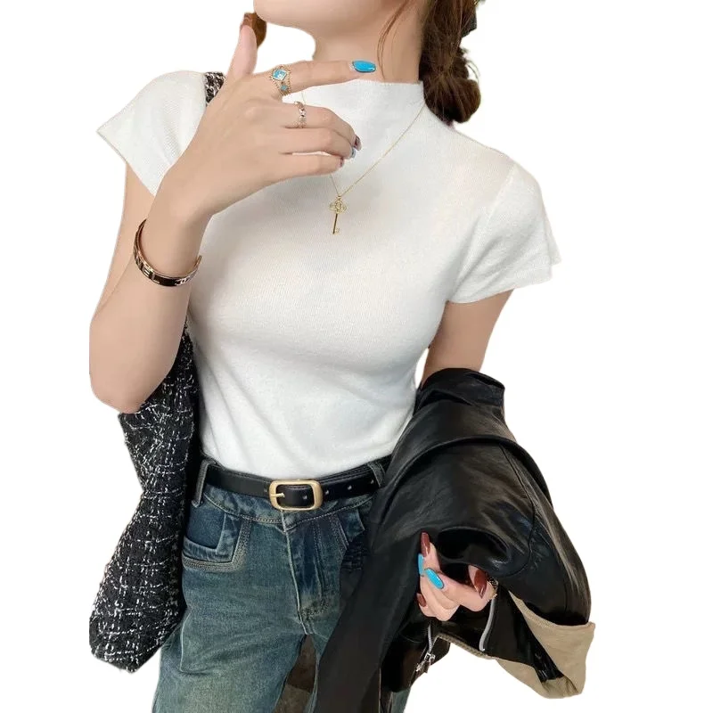 

2025 женский вязаный свитер со средней горловиной, однотонный базовый облегающий трикотажный топ с короткими рукавами