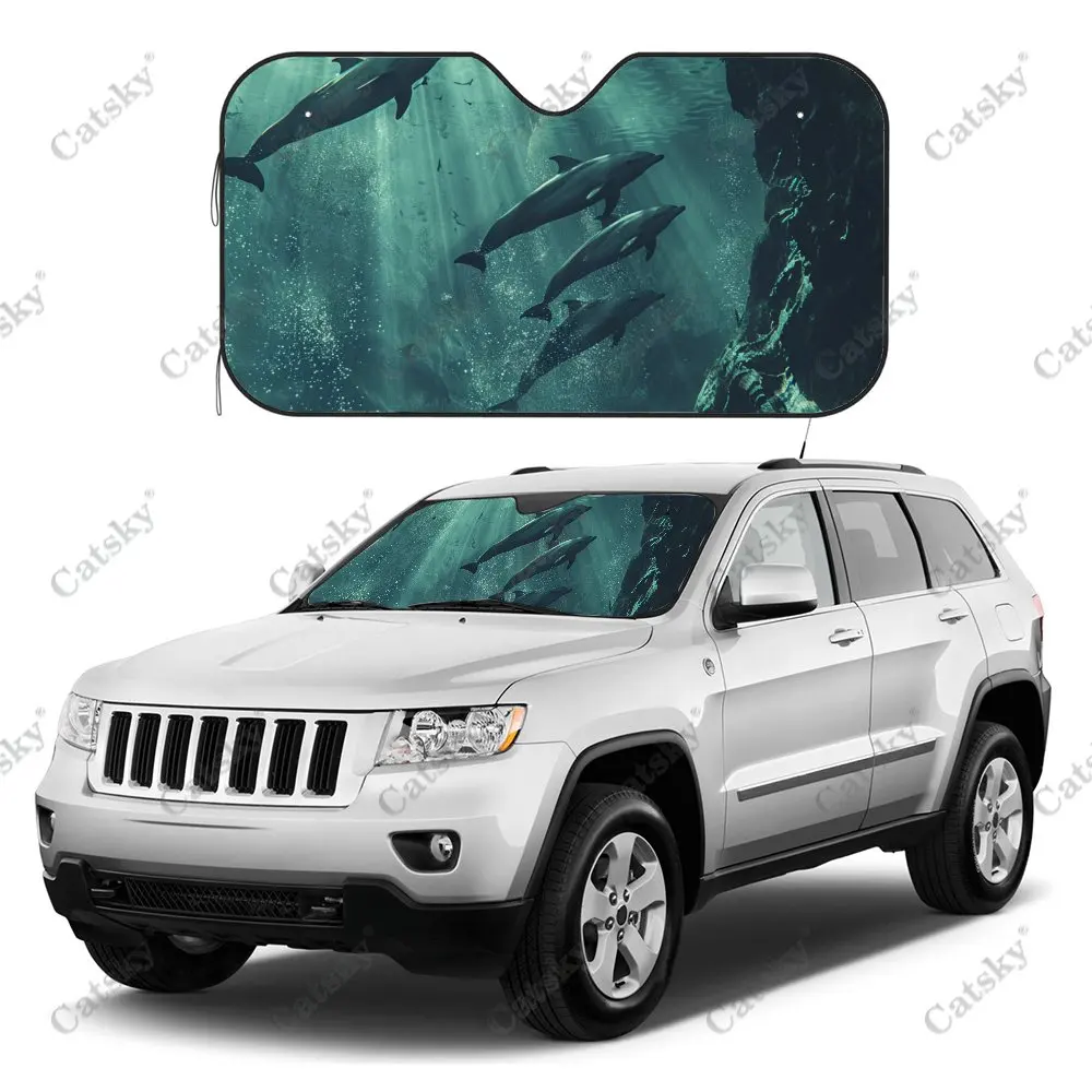 Free Swimming Animal Dolphins Car Windshield Sunshade, Auto Accessories Front Windshield Sun Visor Blocks Uv Rays Protect Decor