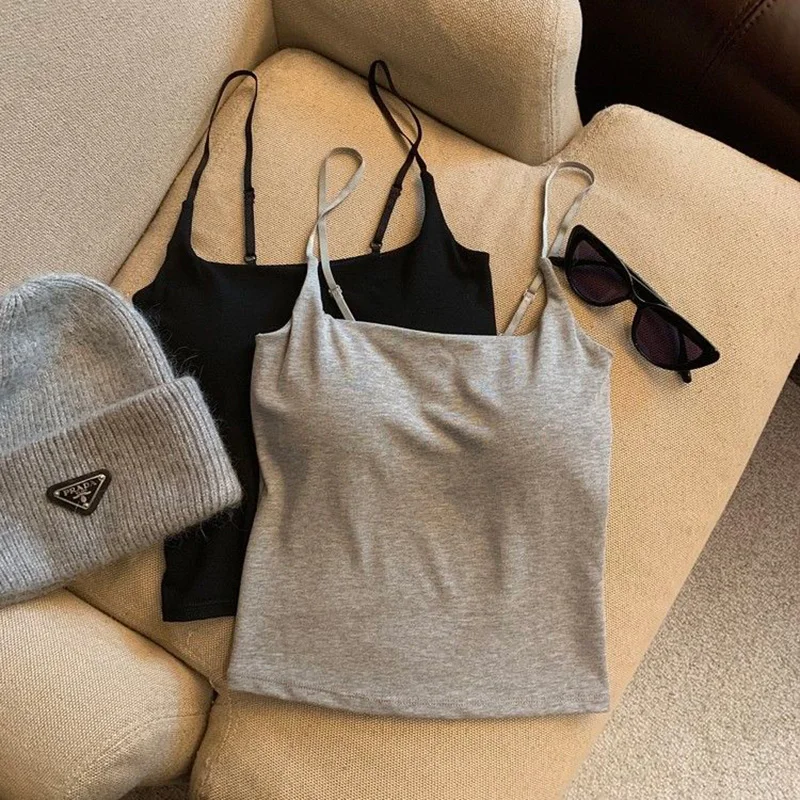 New Simple Cotton Summer Sling Camisole Women Girls Crop Top Sleeveless Shirt Lady Bra Tops Straps Skinny Camisole look thinner image 5