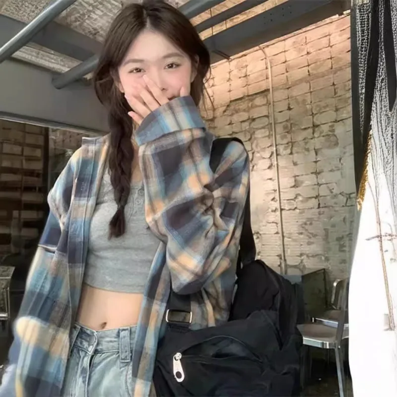 New Blue Checked Shirt Jacket for Women Loose Casual Slim Mid-length Shirt with Cardigan