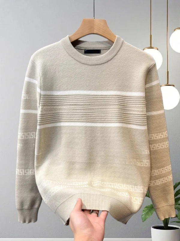 

Мужской свитер с круглым вырезом, облегающий, осенне-зимний, с узором, модный полосатый шерстяной свитер, удобный, мягкий, вязаный.