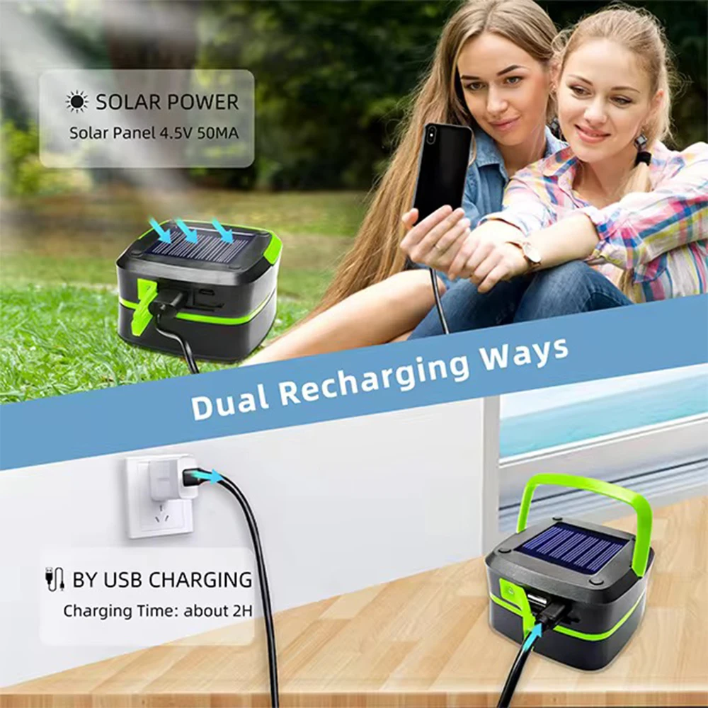 Black Rechargeable Solar Camping Lantern - 3 Lighting Modes IP65 Dual Charging (Solar & USB) Portable LED Flashlight F