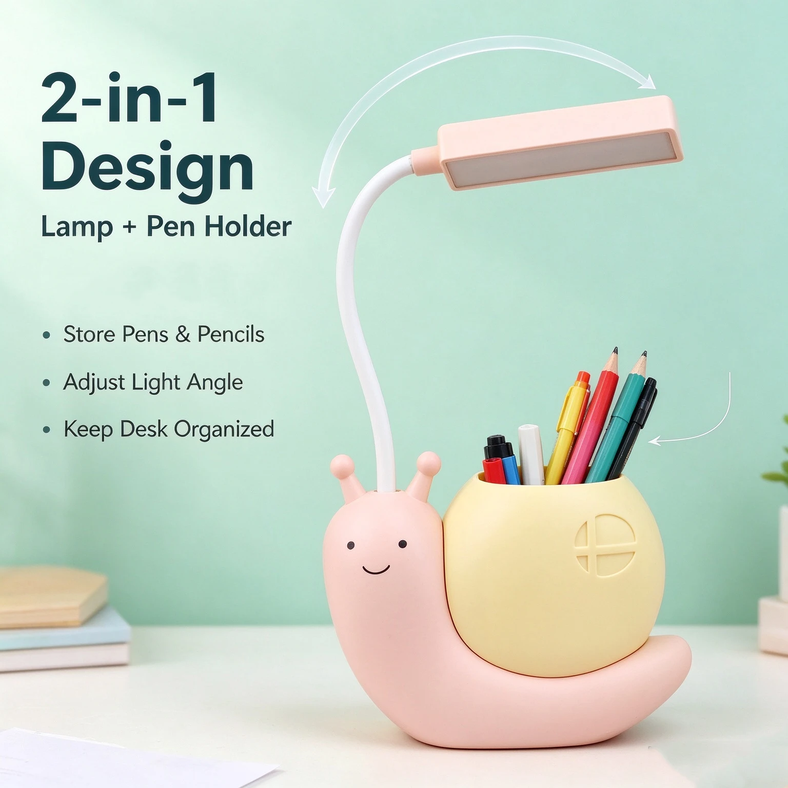 Cute New Snail Desk Lamp With Pen Holder USB Rechargeable Flexible Gooseneck LED Table Light Kids Reading Study Lamp Night Light