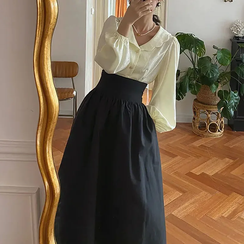 GIDYQ Vintage High Waist Drawstring Fluffy Skirt Women French Elegant Solid A Line Skirts Harajuku Retro Mid Length Skirt Autumn