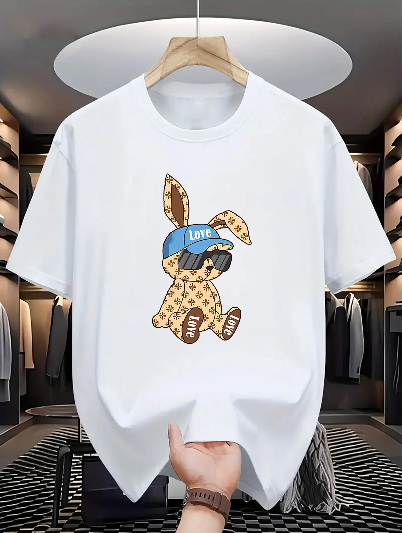 Men's summer 100% pure cotton fashionable casual sports Loose cartoon rabbit print round neck short sleeved T-shirt top