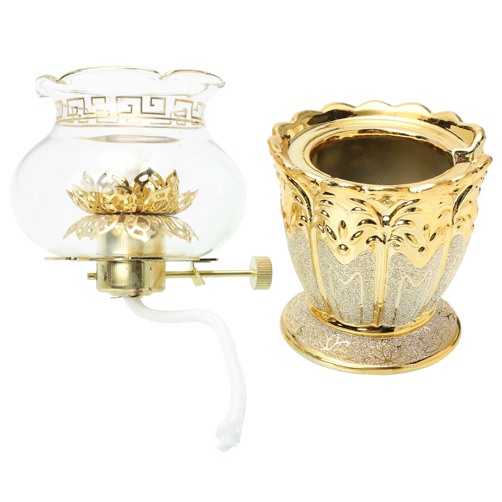 

Exquisite Alloy Lotus Shaped Oil Lamp Light Decorative Home Buddha Hall Glass Cover Illuminated Ornament