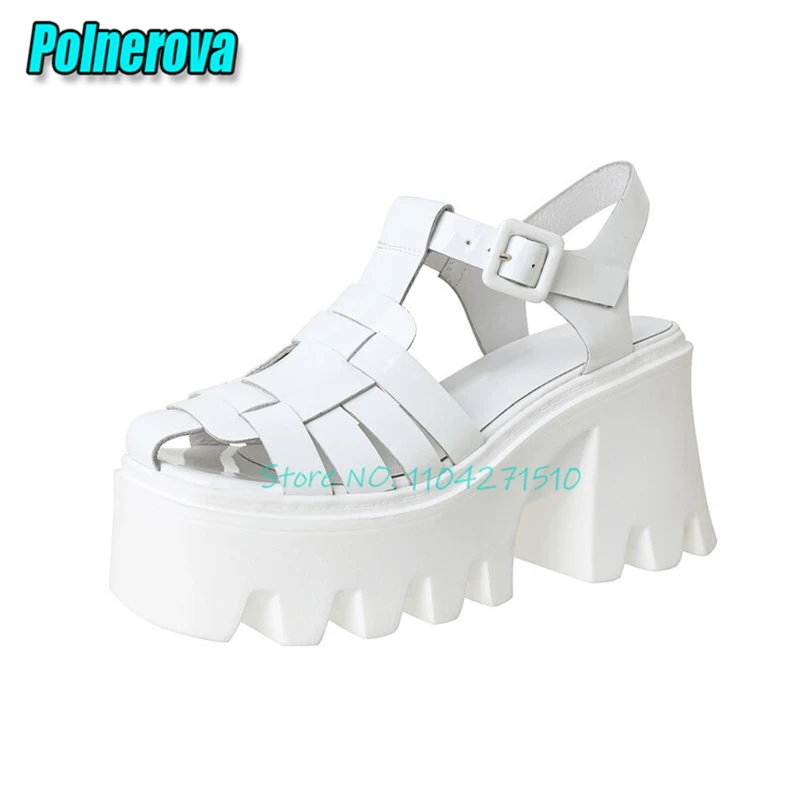 Summer Women's Platform Roman Sandals Fashion Patent Leather Round Toe Hollow Thick Soled High Heels Outdoor Casual Shoes