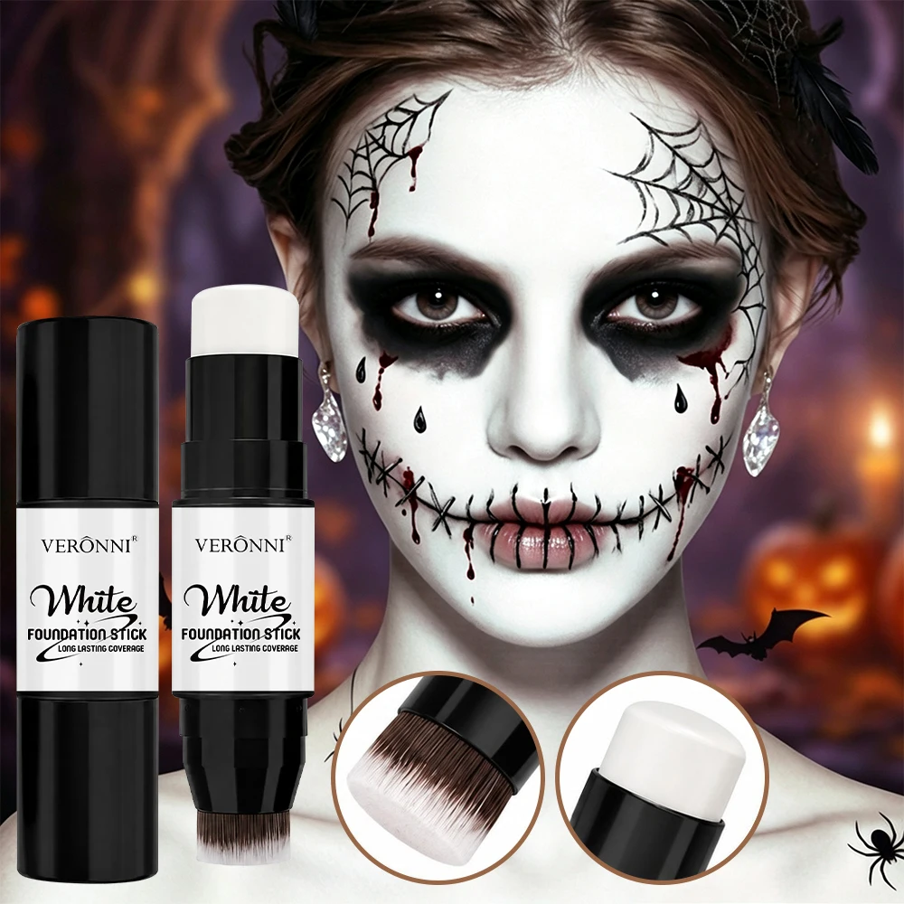2pcs White Foundation Stick Set, Dual-ended Face Paint Stick with Brush, Long Lasting Full Coverage Makeup for Halloween Cosplay