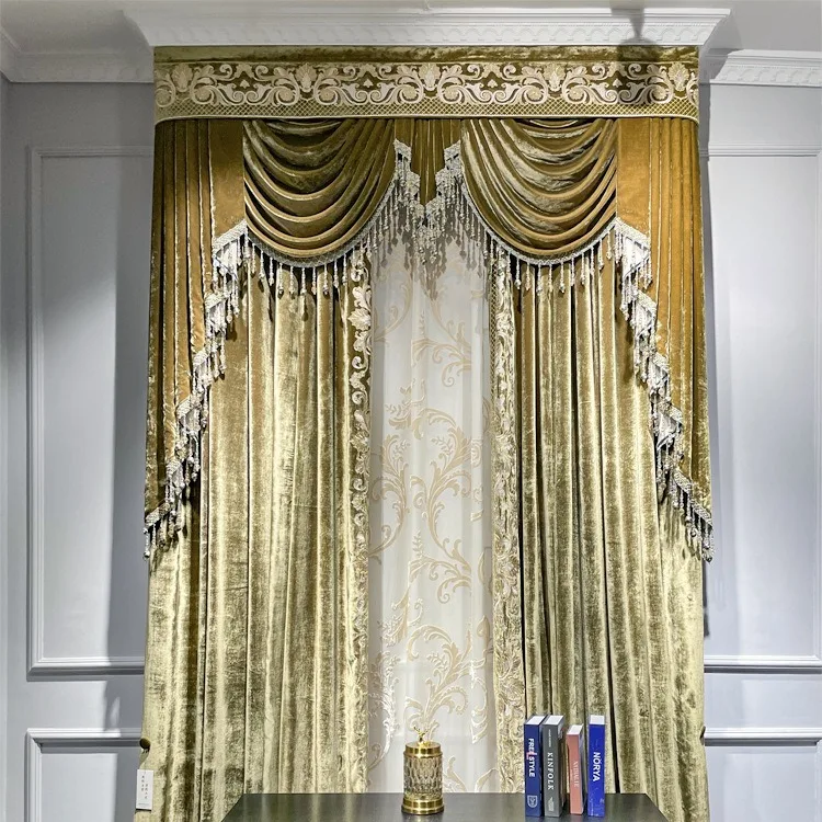 Custom upscale European vintage velvet living room bedroom high window gold cloth blackout curtain tulle valance drape C1718