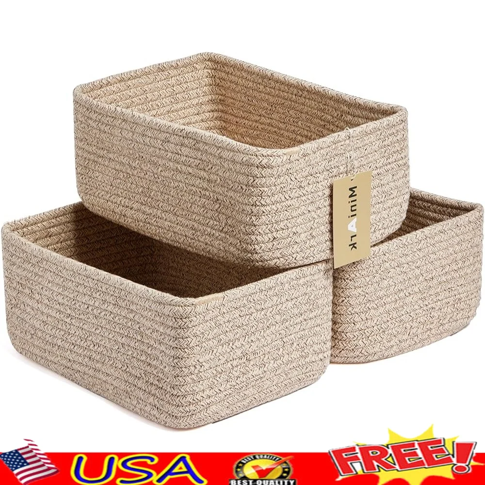 

Small Storage Baskets Cotton Rope Decorative Organizer Bins Toy Shelf Cube Basket Handwoven Shallow Closet Storage Solutions