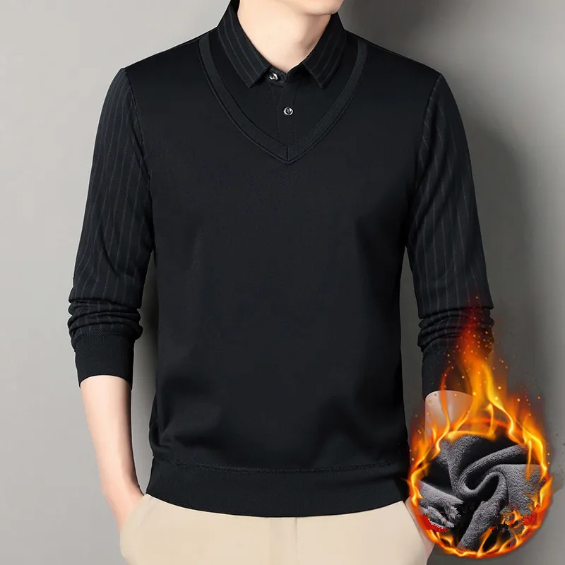 Otoño Invierno, suéter de punto falso de dos piezas para hombres, jerseys de punto con cuello de camisa a la moda, prendas de punto de lana ajustadas informales inteligentes para hombres