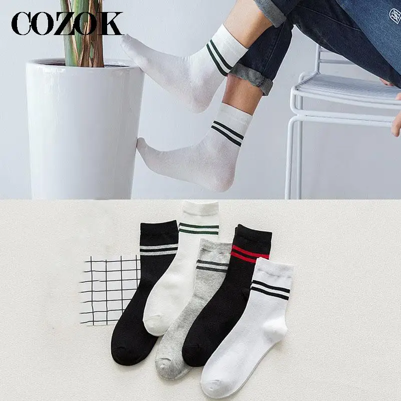 2 Pairs Autumn Winter Mens Ankle Sock Striped Cuffs Cotton Short Socks Sports Comfortable Harajuku Socks Male 5 Colors Optional