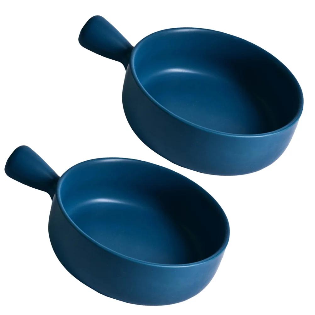 

2Pcs Round Ceramics Baking Plate Household Tray Blue High Temperature Resistant Practical Kitchen Fruit Salad Plate