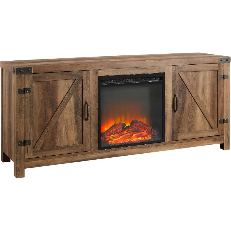 Georgetown Modern Farmhouse Double Barn Door Fireplace TV Stand for TVs up to 65 Inches, 58 Inch, Rustic Oak