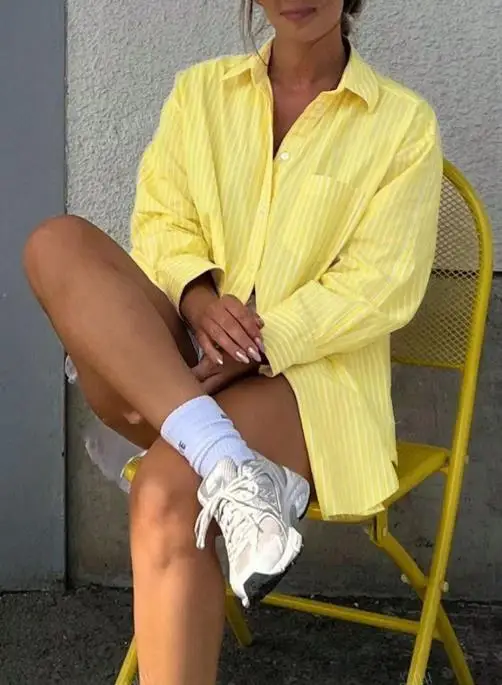 

Women's Early Autumn New Style Temperament Striped Long - Sleeve Button -Down Shirt,Oversized Fit Blouse for Casual & Chic Looks