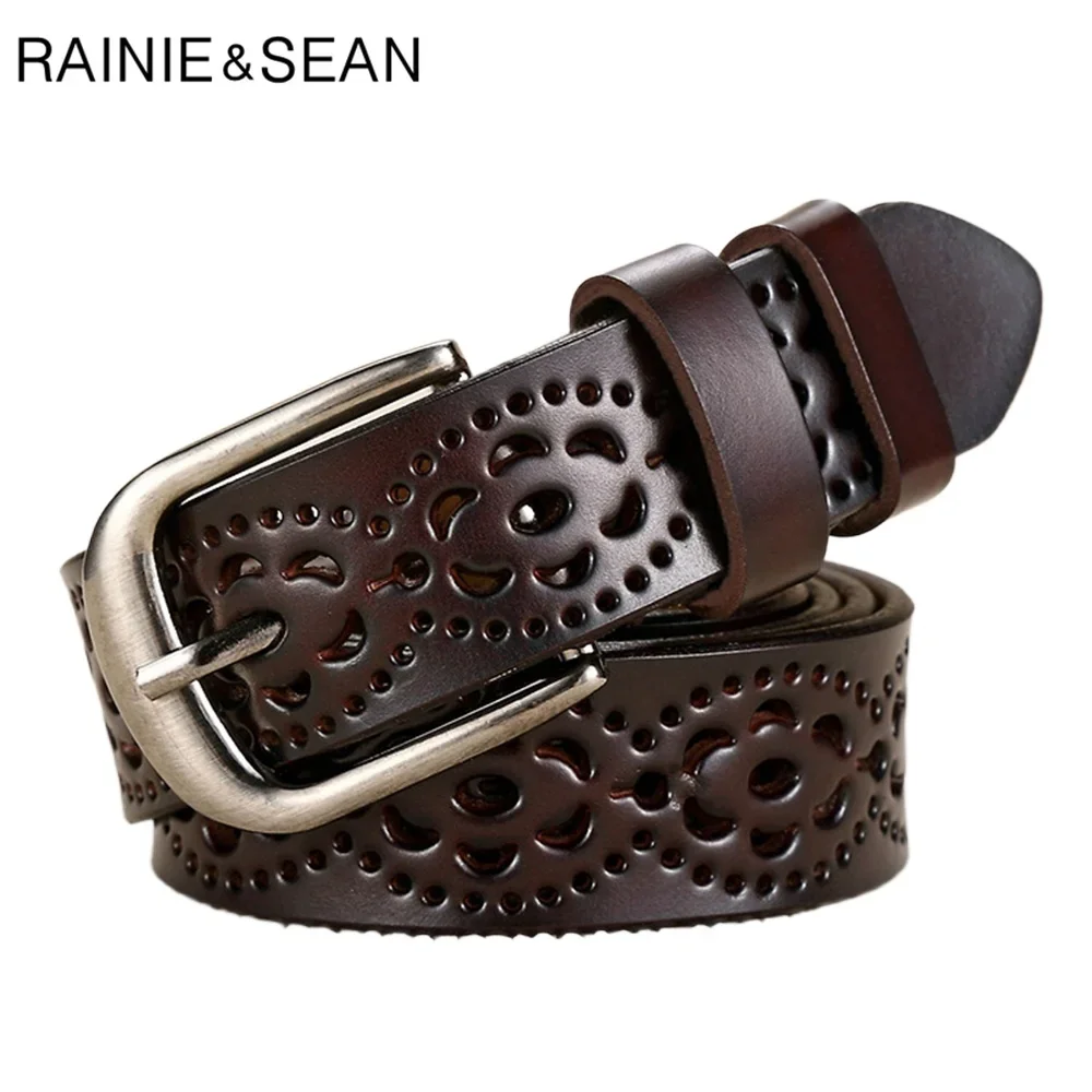

Coffee New Design Coffee Real Leather Women Belt Hollow Out Female Cowskin Genuine Leather Ladies Pin Buckle Trousers Belt Brown