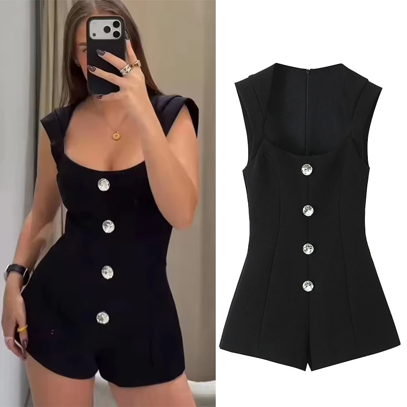 

Women Playsuits Fashion Casual Square Neck Sleeveless Short Female Chic Gemstone Button One Pieces Romper 2026 New Jumpsuit