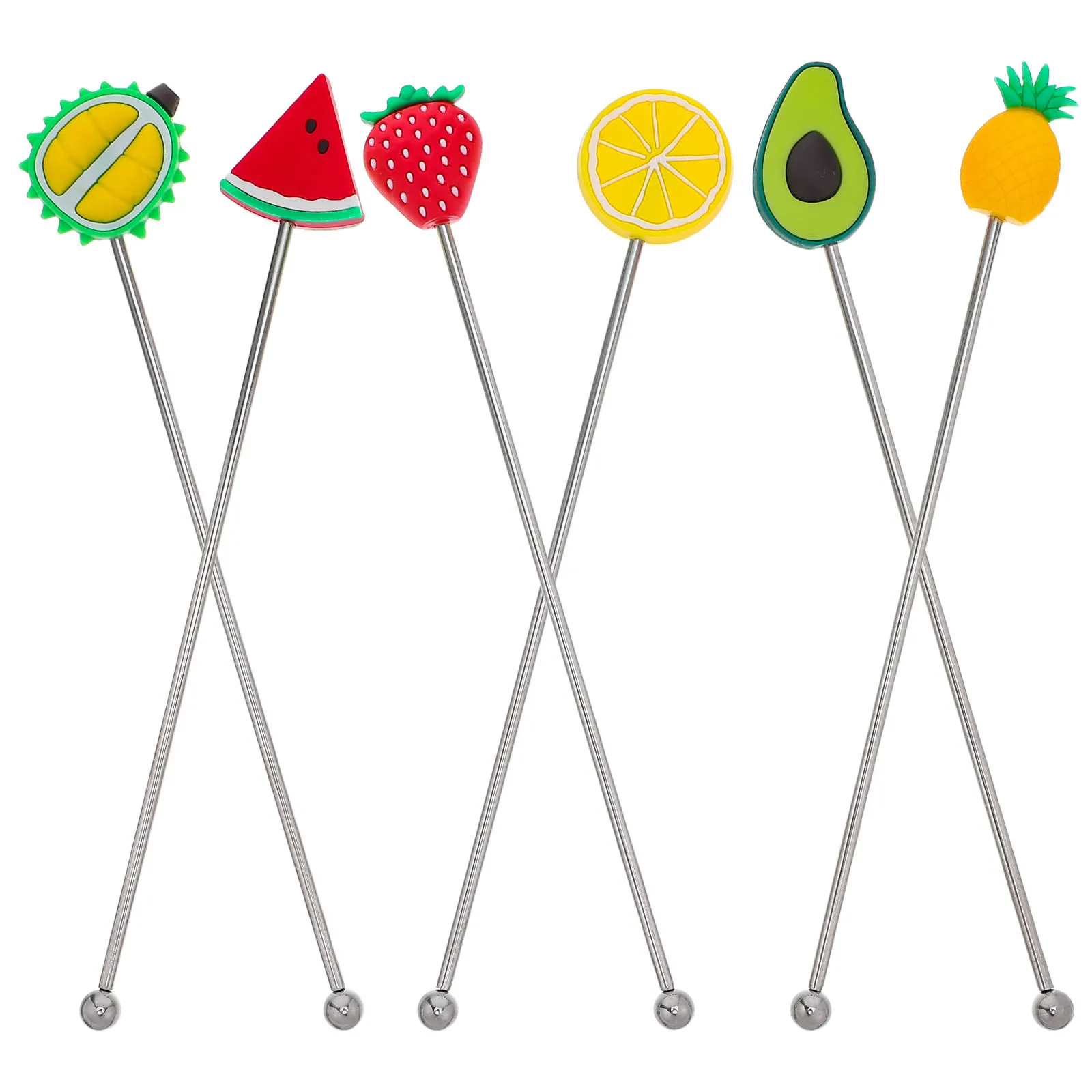 6Pcs Reusable Stainless Steel Coffee Stir Sticks Fruit Shaped Swizzle Sticks Cocktail Bar Drink Mixers Coffee Beverage Stirrer