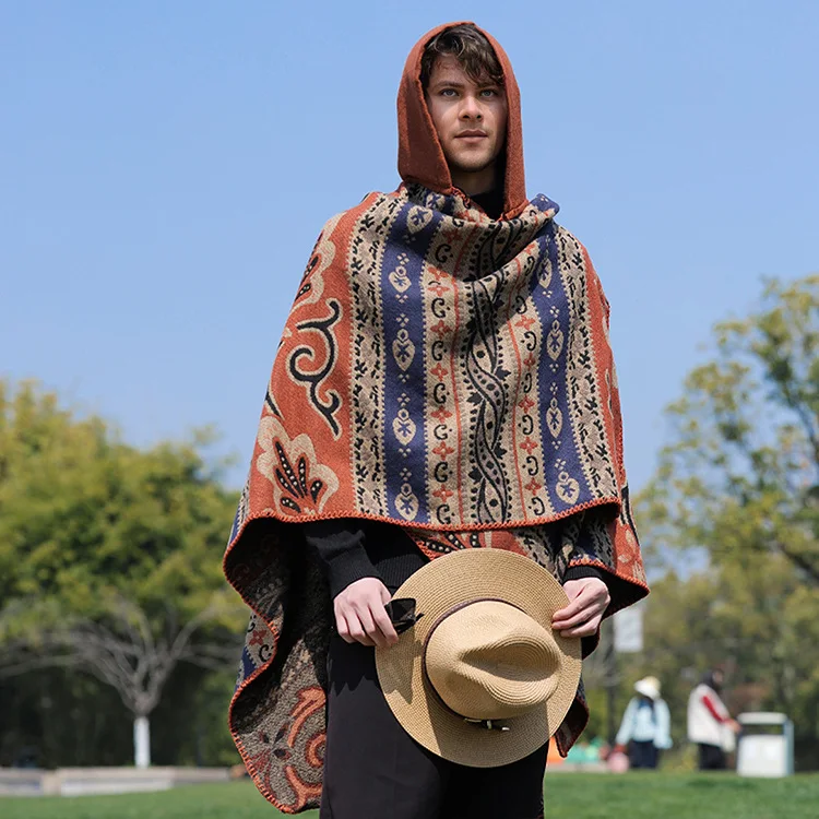 Men's Autumn Winter Warm Thick Bohemian Fringe Shawl Photo Cape Cloak Dual-use Scarf Travel Hooded Poncho