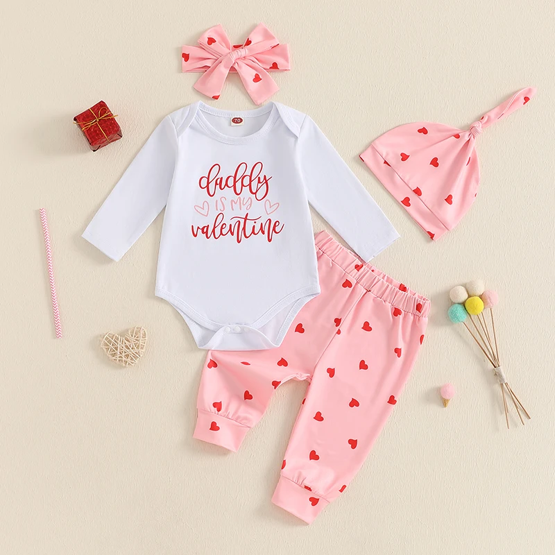 2024-10-05 Lioraitiin Baby Girls Valentine's Day Outfits Love Heart Print Long Sleeve Rompers with Pants Hat Bow Headband Set