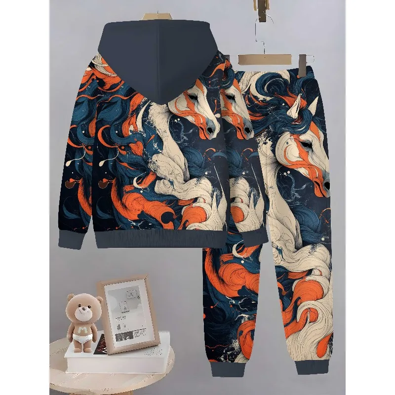 2025 3D Digital Animal Madan Top Crane Printed Visual Art Personalized Trendy Hoodie and Sports Pants 2-piece Set