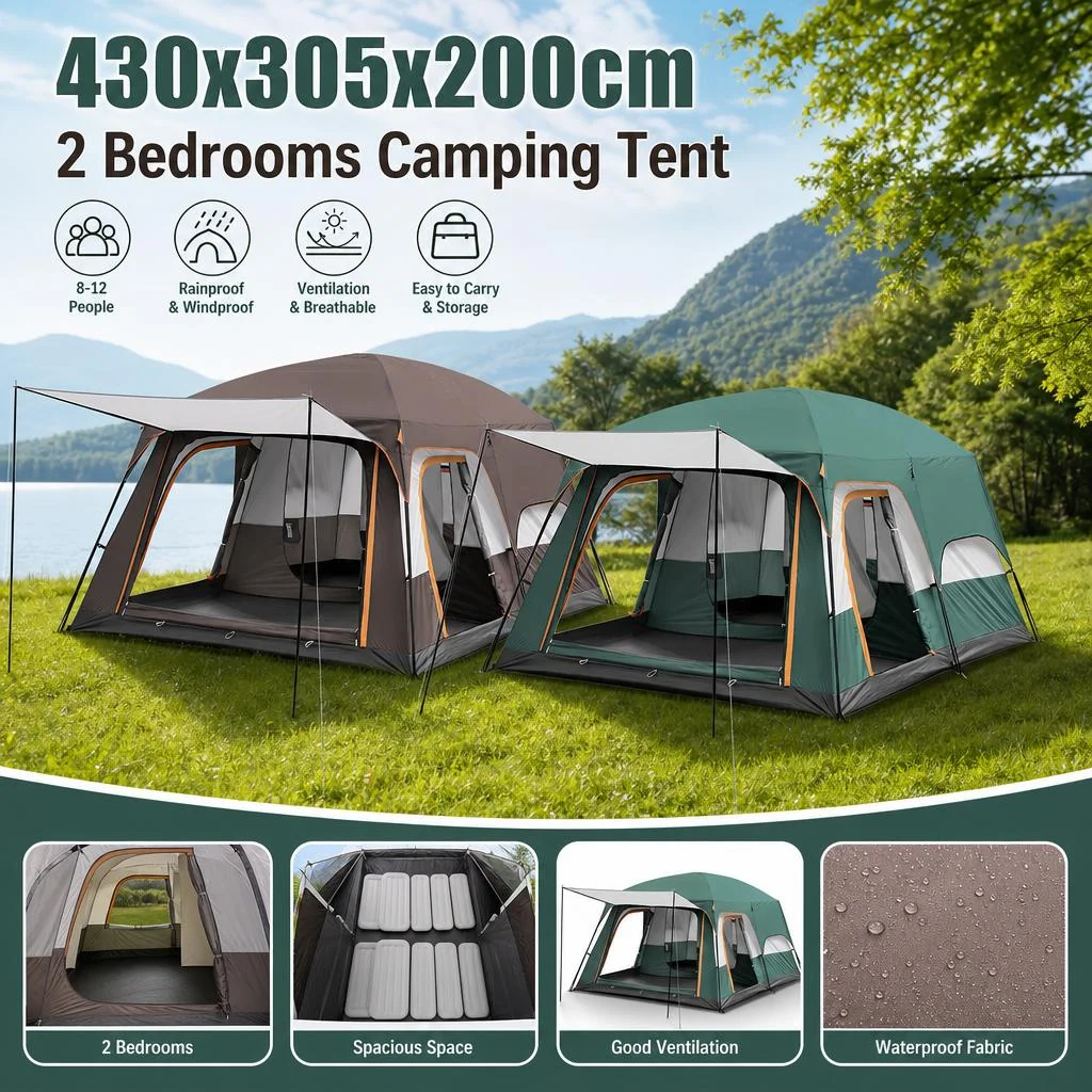 8-12 Personen 2 Schlafzimmer Outdoor Camping Team-Kabinenzelt Doppellagig Übergroß Verdickt Regenfest für Firmen- und Familien-Campingausflüge