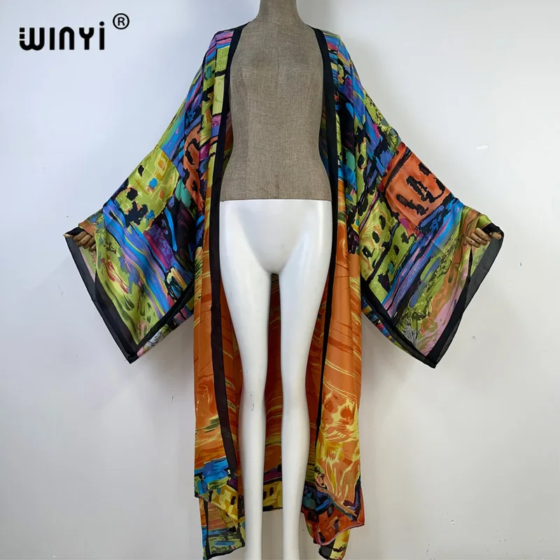 WINYI new summer Women Graffiti printing Cardigan a maniche lunghe femminile allentato beach Cover Up boho dress Streetwear holiday kimono