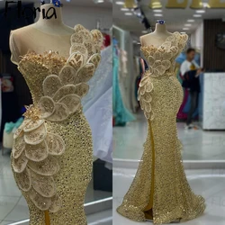 Dubai Long Mermaid Gold Evening Dress Aso Ebi Leaf Crystals Beads Engagement Party Gowns Luxury 2024 Robe Soirée Female Couture