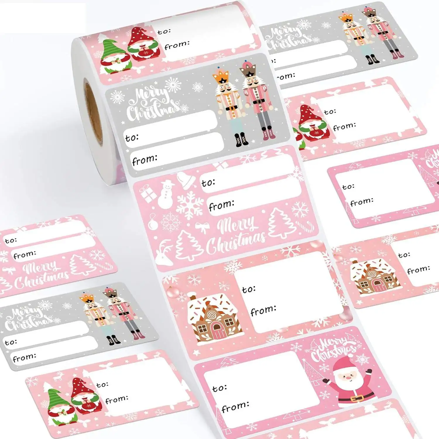 200Pcs Pink Christmas Gift Tags Stickers To From Self‑Adhesive Label Nutcracker Gnome Santa Xmas Present Wrapping Name Stickers