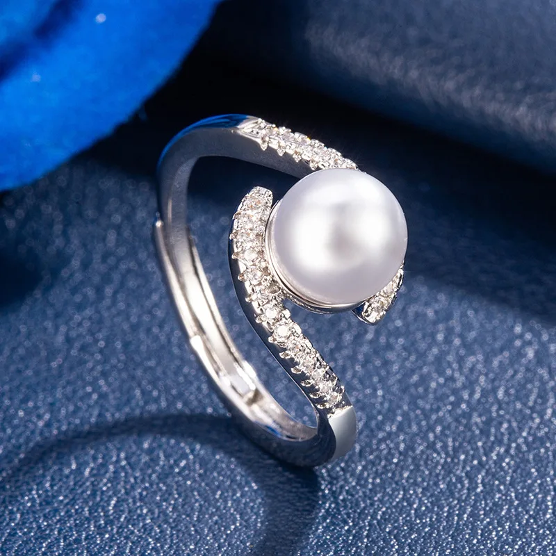 Luxurious Spiral-wound Imitation Pearl Ring - Women's Silver Micro-set Clear CZ Diamond Adjustable Open Ring - Original Rings