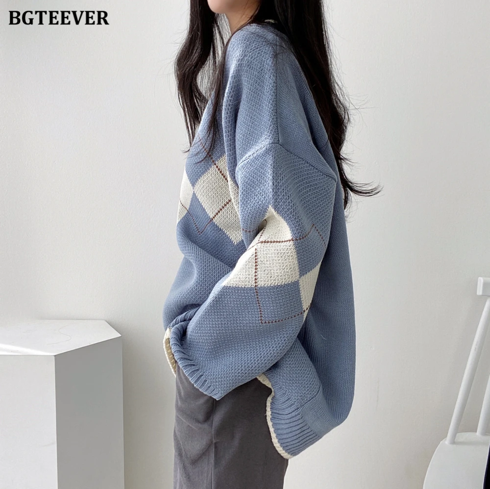 BGTEEVER Casual V-neck Warm Knitwear Autumn Winter Women Sweater Argyle Patchwork Ladies Pullovers Jumpers Loose