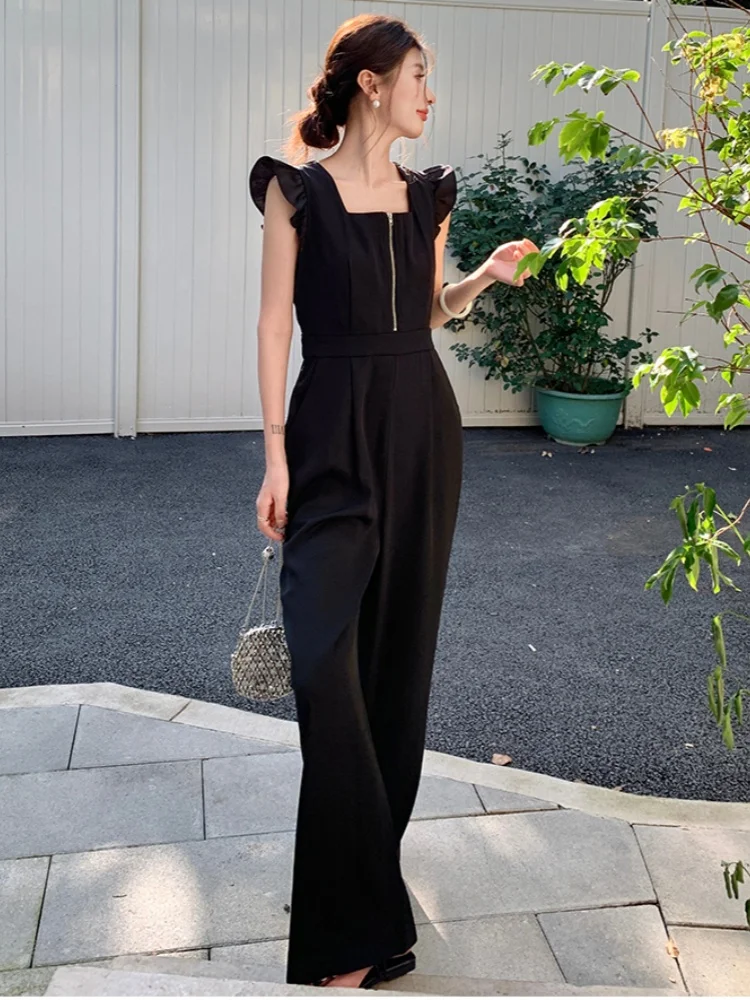 Tuta nera per donna Tuta estiva a gamba larga di fascia alta stile dea con vita sottile