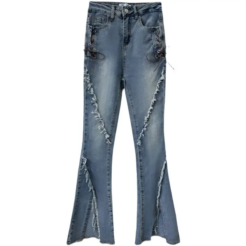 2023 New Vintage Split Fur Edge Fashion Jeans Women's Spring/Summer Slim Fit Elastic High Waist Slim Micro Flare Pants