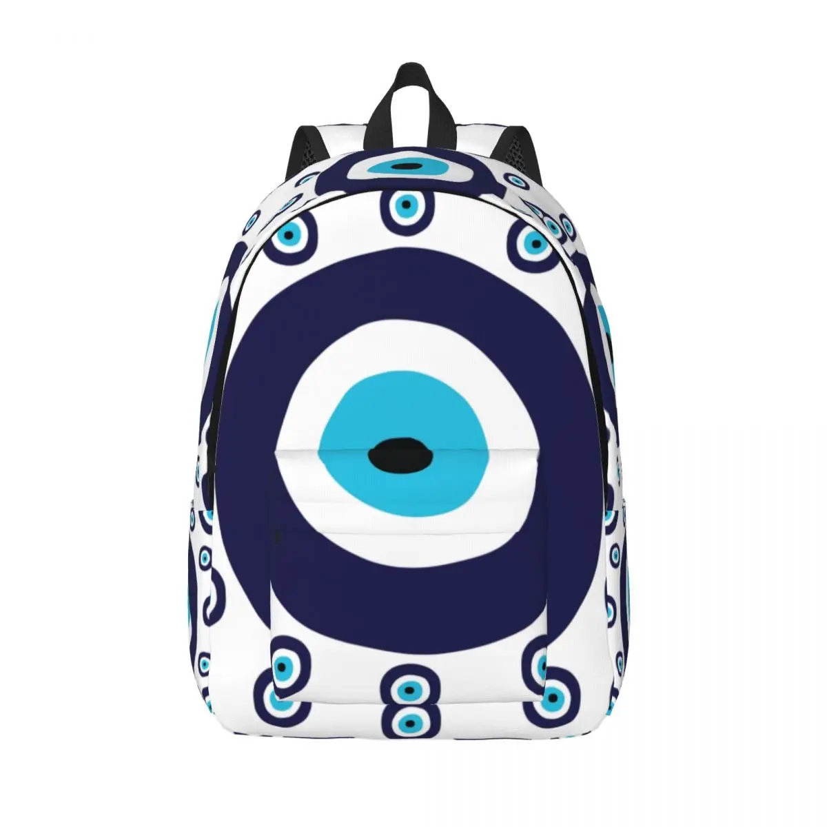 Custom Navy Blue And Aqua Nazar Evil Eye Lucky Charm Canvas Backpack Women Men Bookbag for School College Amulet Boho Bags