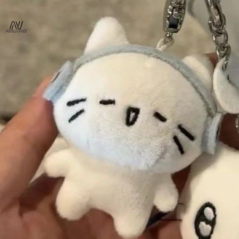 Cute Headphones Kitten Couple Keychain Mini Crying Cat Doll Plush Keyring Cartoon Dog Bee Bag Pendant Charms Backpack Decoration